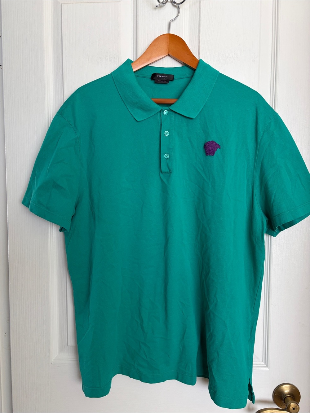 Versace Men’s Kelly Green Polo with Purple Embroidered Medusa